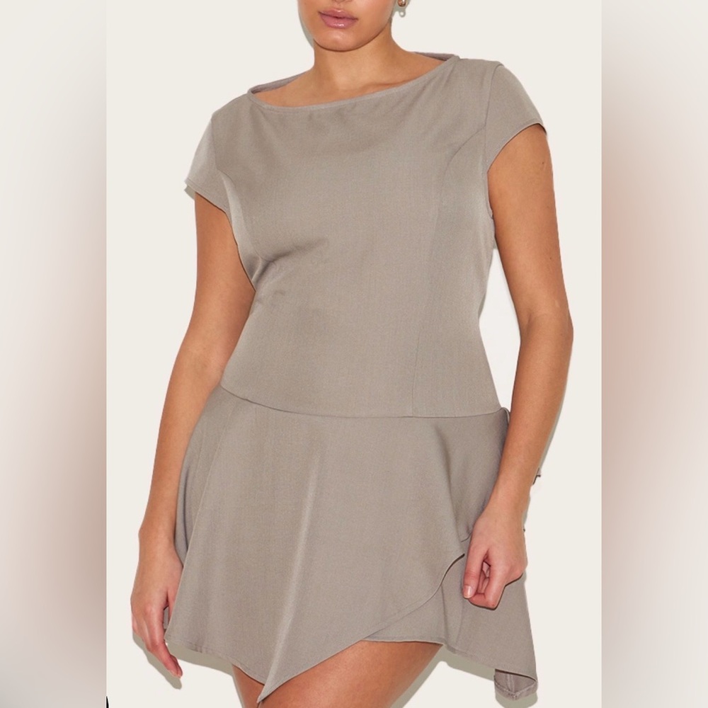 PLUS CLAY WOVEN CAPPED SLEEVE ASYMMETRIC LAYERED SHIFT DRESS